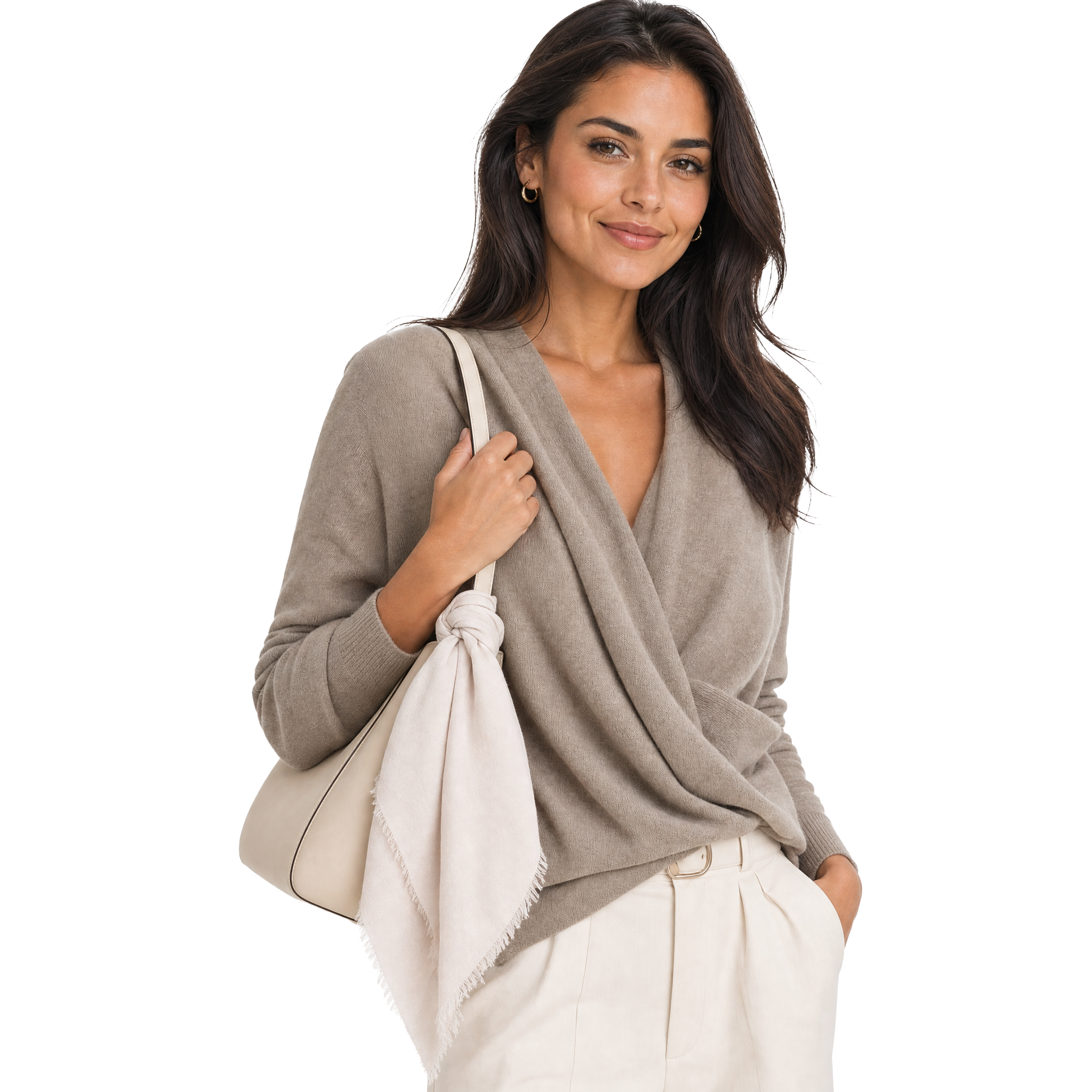 Blue Pacific cashmere blend solid neckerchief in Brazilian Sand, knotted on a handbag.
