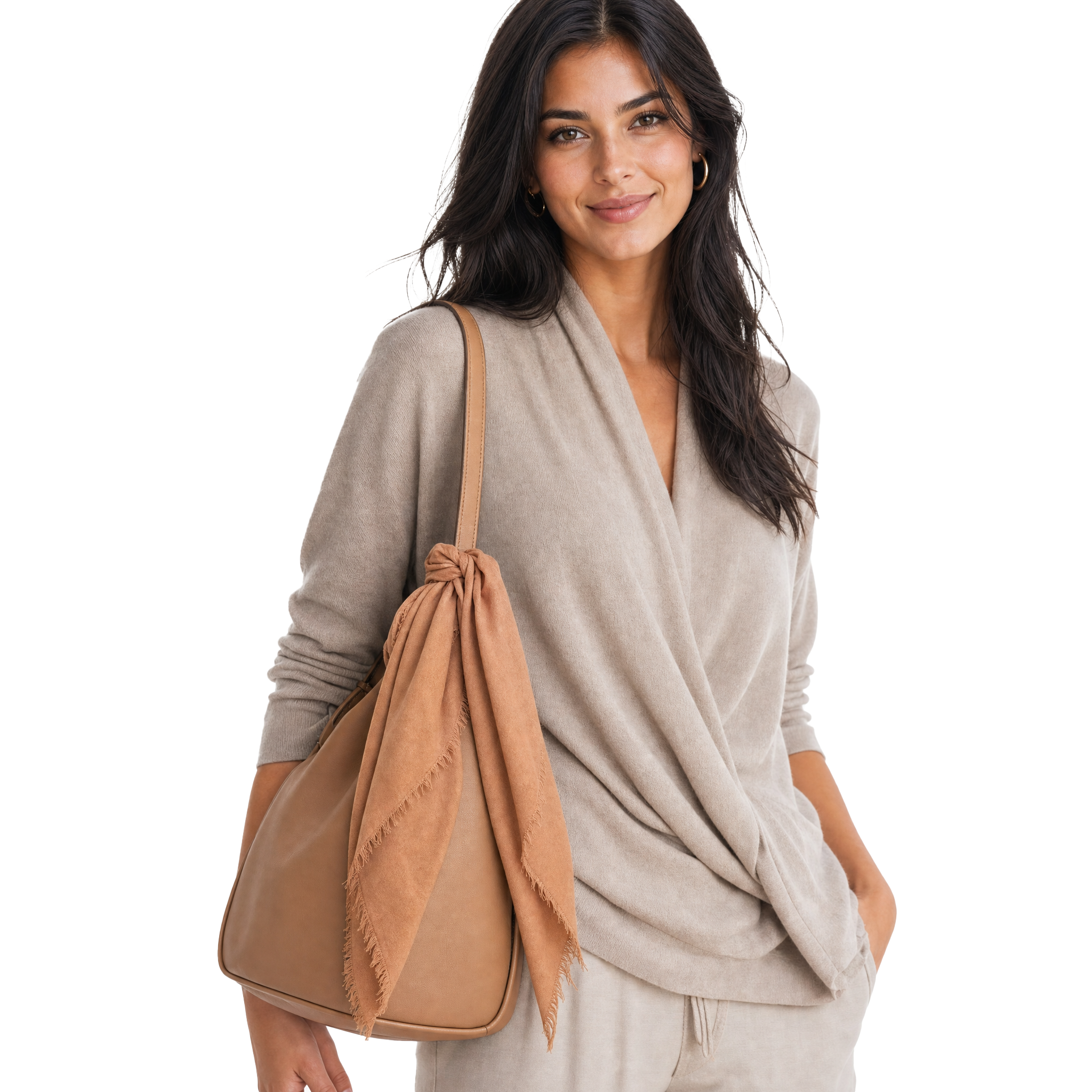 Blue Pacific cashmere blend solid neckerchief in Clove, knotted on a handbag.