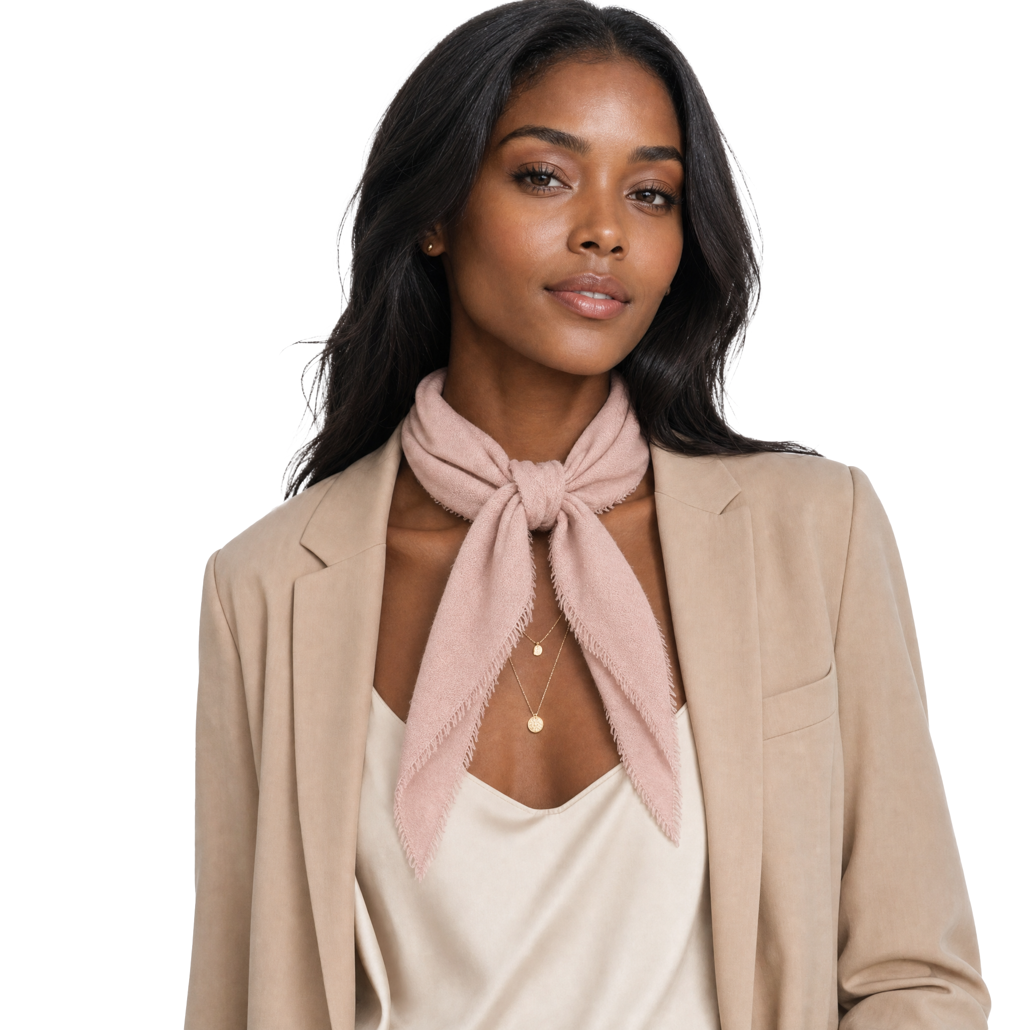 Blue Pacific cashmere blend solid neckerchief in Misty Rose, styled on a model.