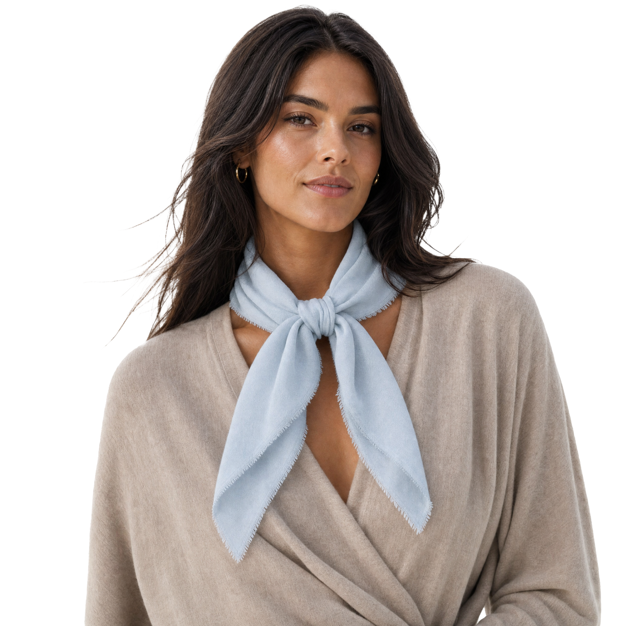 Blue Pacific cashmere blend solid neckerchief in Powder Blue, styled on a model.