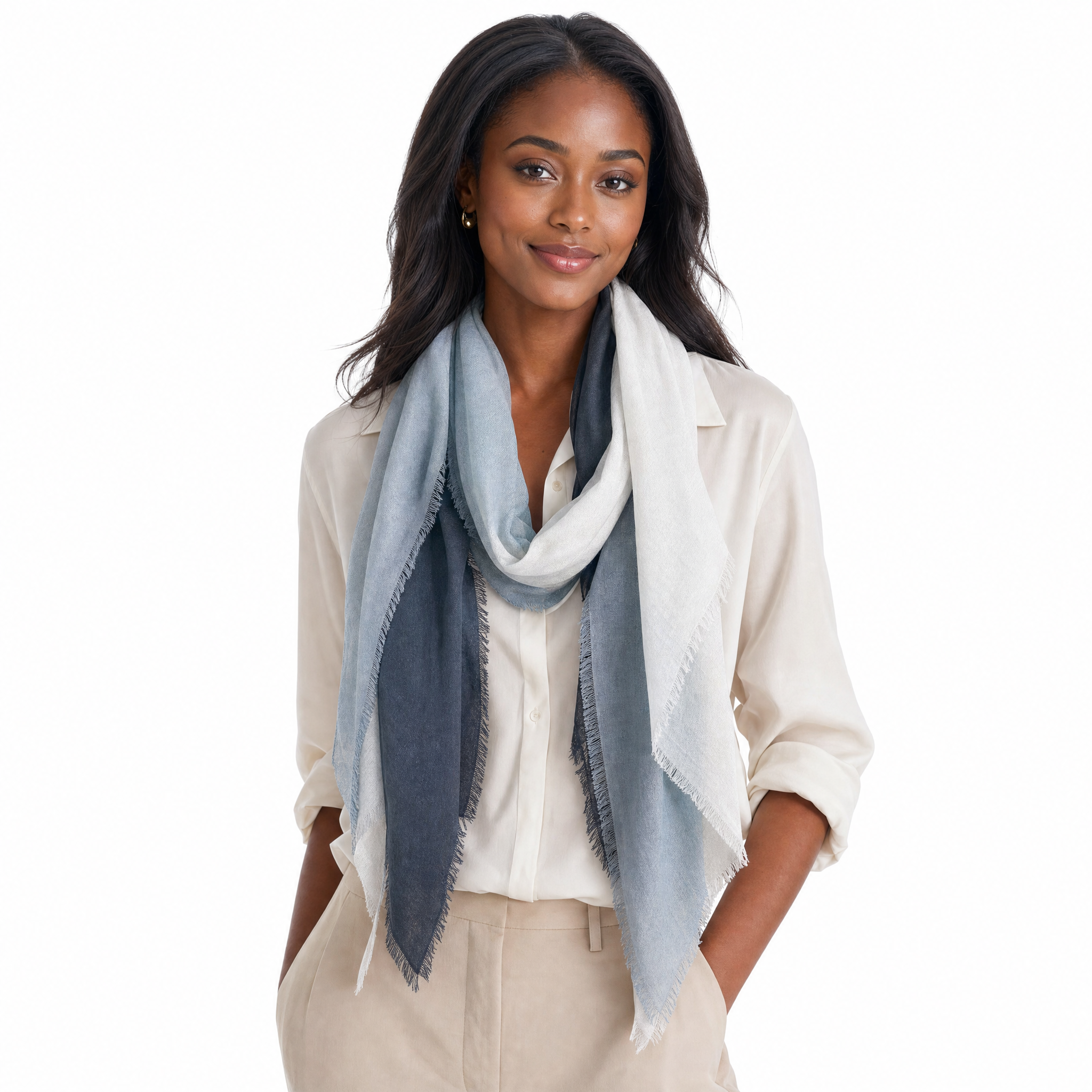 Blue Pacific Cashmere Blend Vintage Dip Dye half scarf in Black/White, styled on a model.