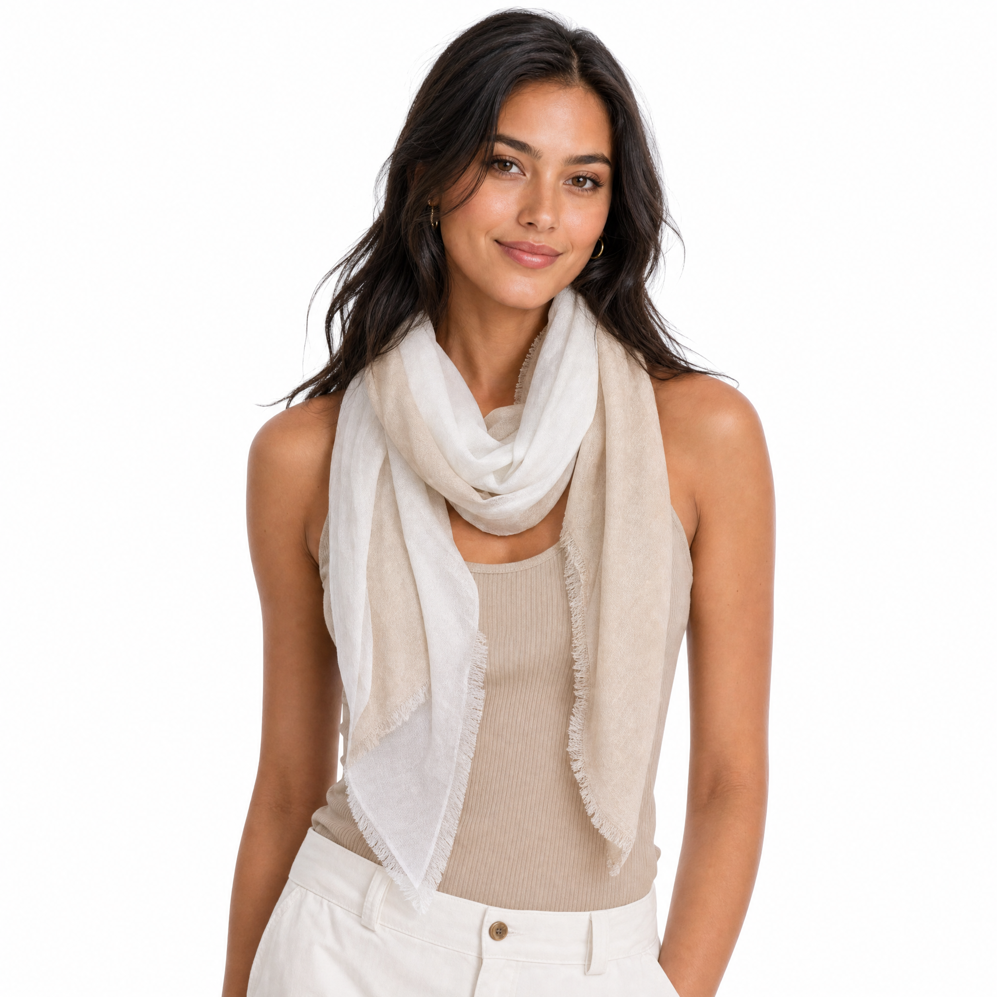 Blue Pacific Cashmere Blend Vintage Dip Dye half scarf in Camel, styled on a model.