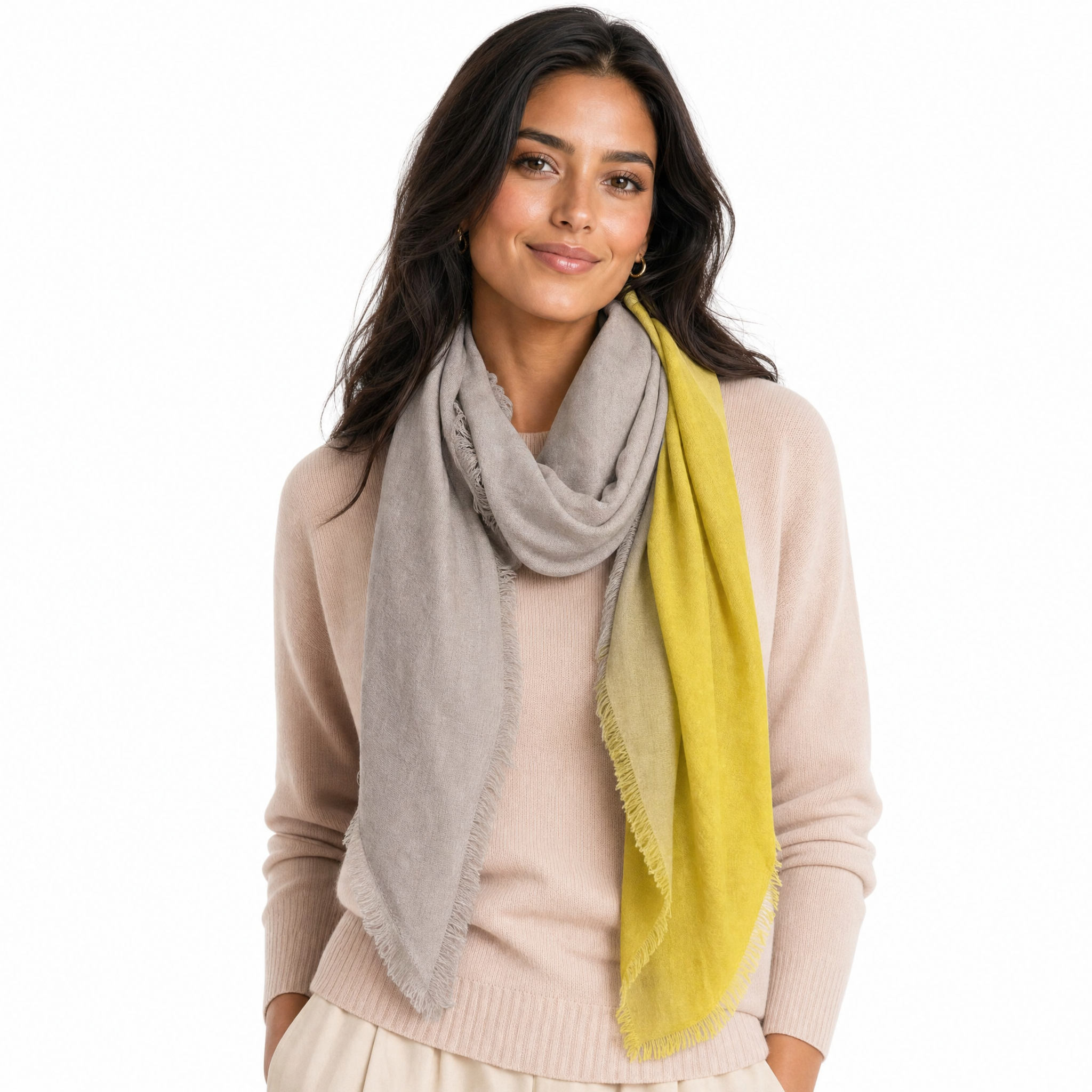 Blue Pacific Cashmere Blend Vintage Dip Dye half scarf in Mustard/Taupe, styled on a model.