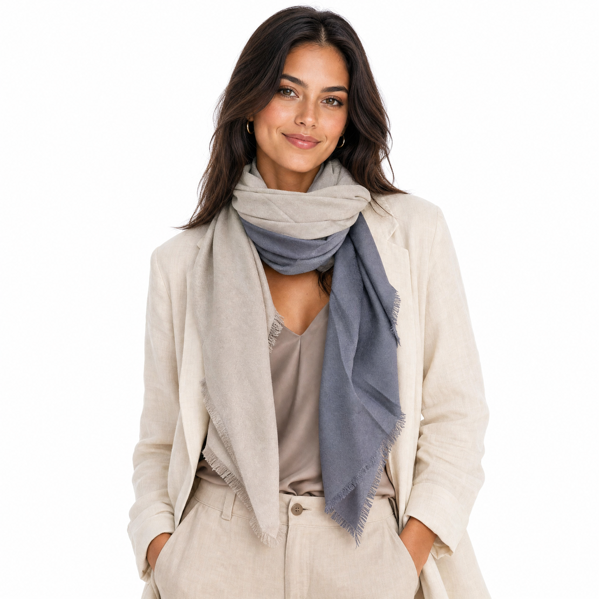 Blue Pacific Cashmere Blend Vintage Dip Dye half scarf in Taupe/Slate, styled on a model.