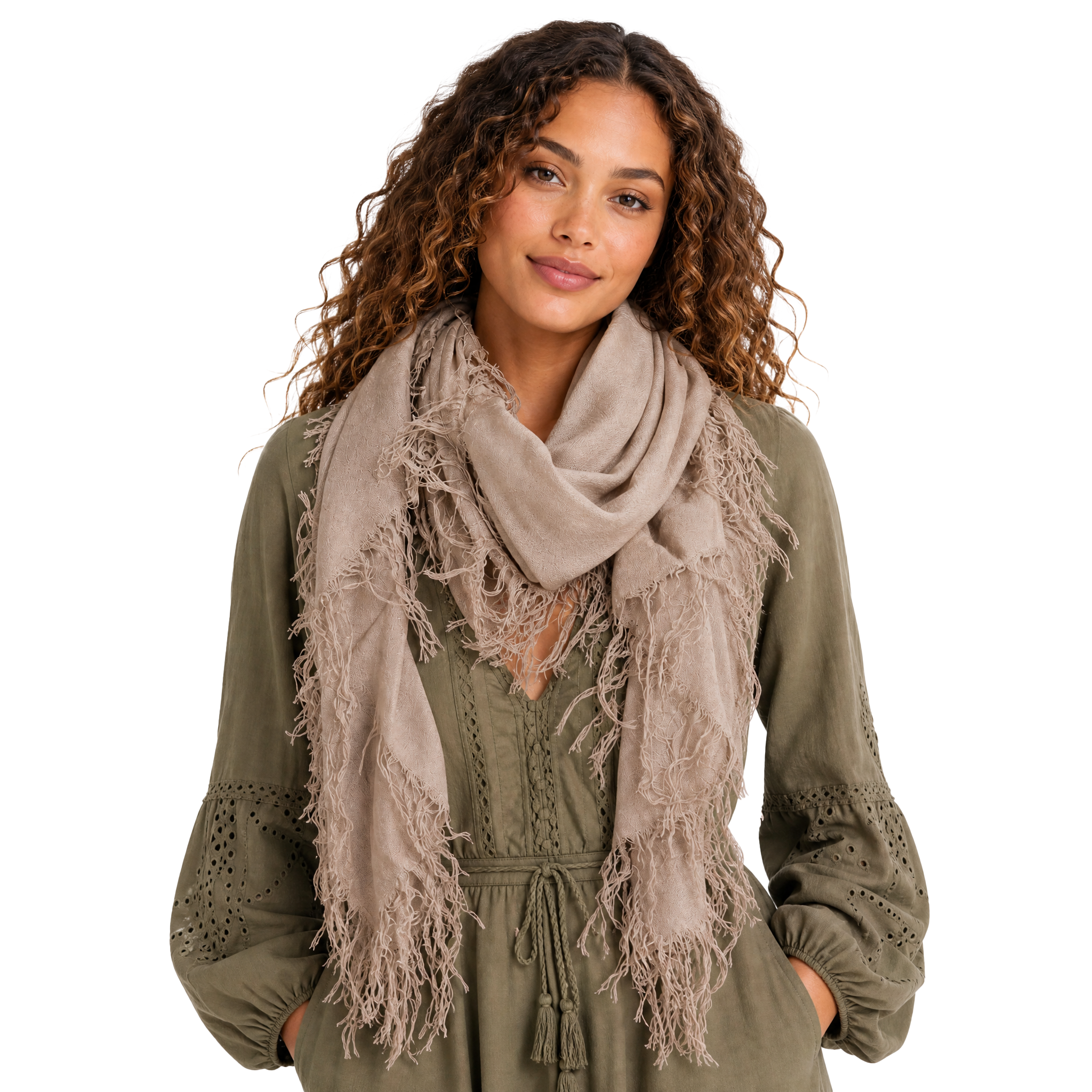 Cashmere Blend solid Half Scarf - Vintage Khaki